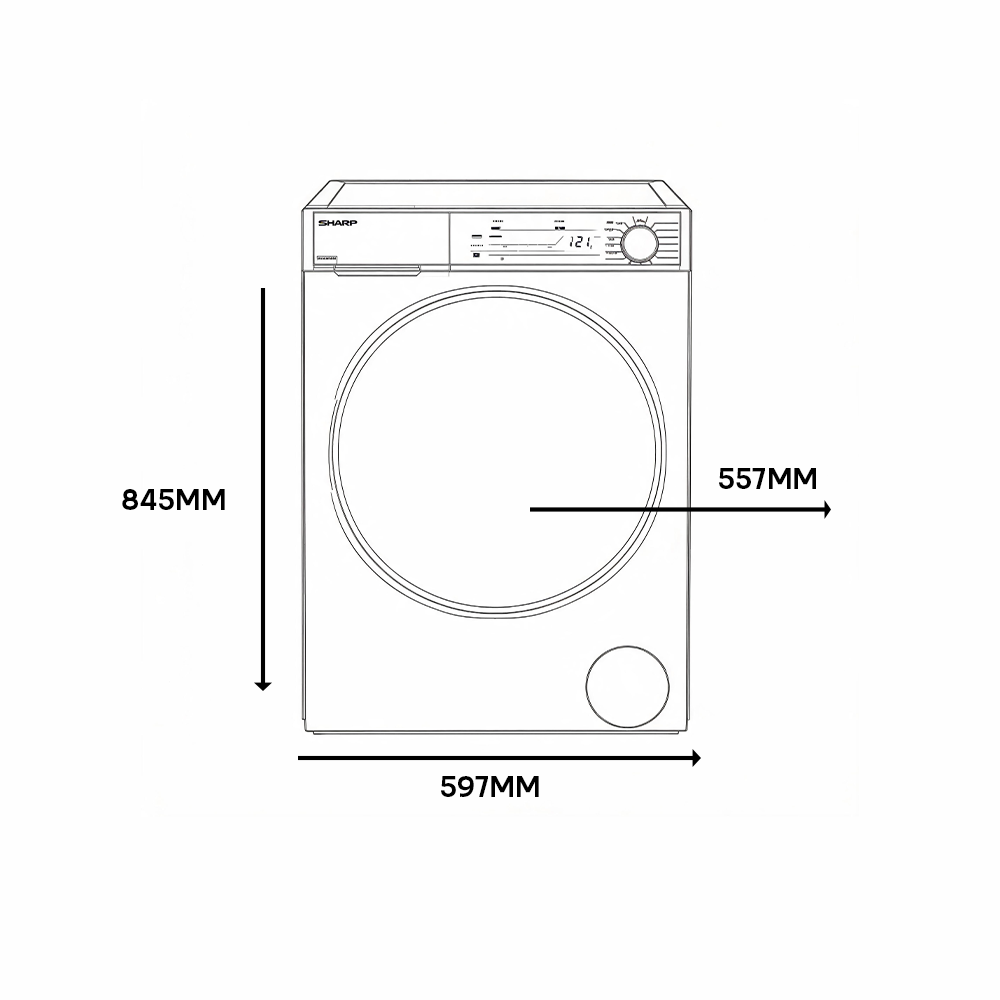 Front view of a white dryer with dimensions: H 845mm, W 597mm, D 557mm.