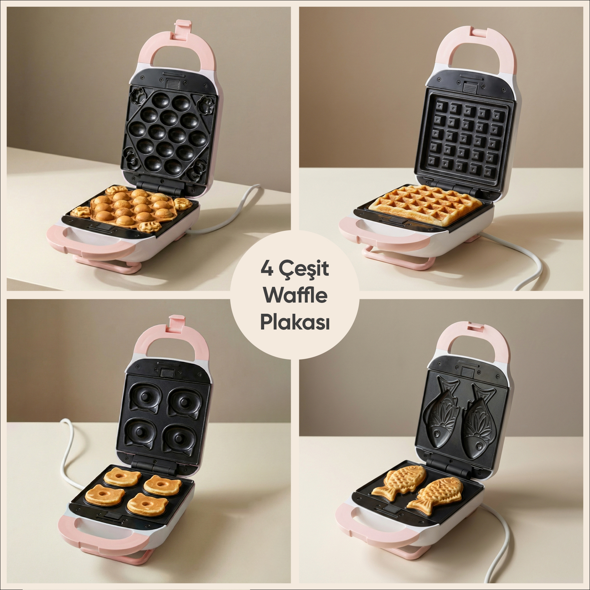 Dört farklı plaka gösteren açık bir waffle makinesi: top, waffle, donut ve balık şekilleri.