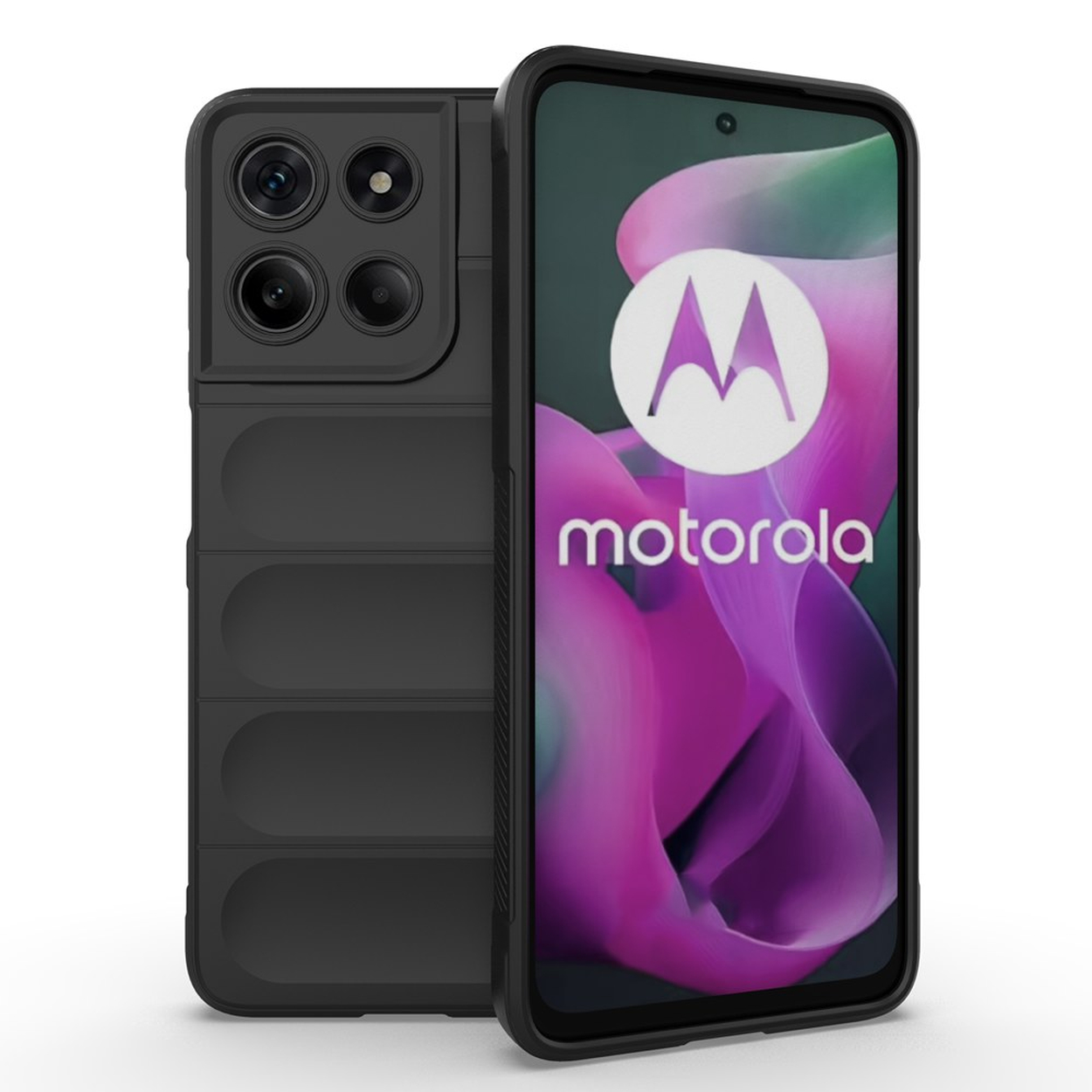 Un smartphone Motorola noir avec quatre caméras et un fond vibrant.