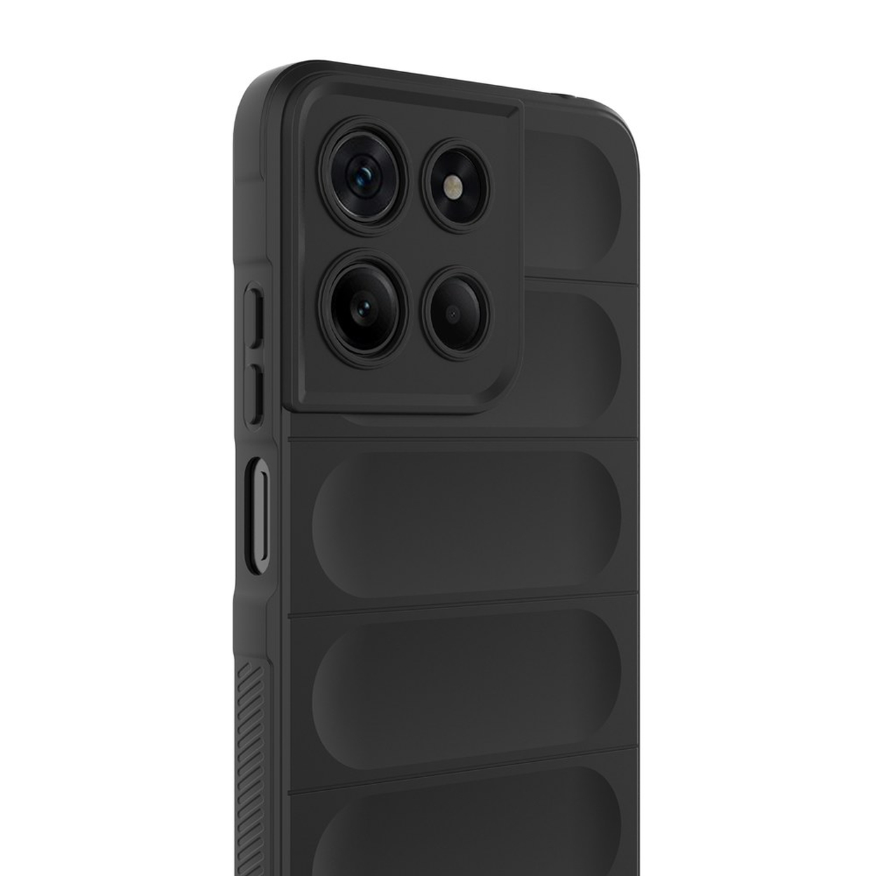 Coque de téléphone noire avec quadruple appareil photo et texture côtelée.