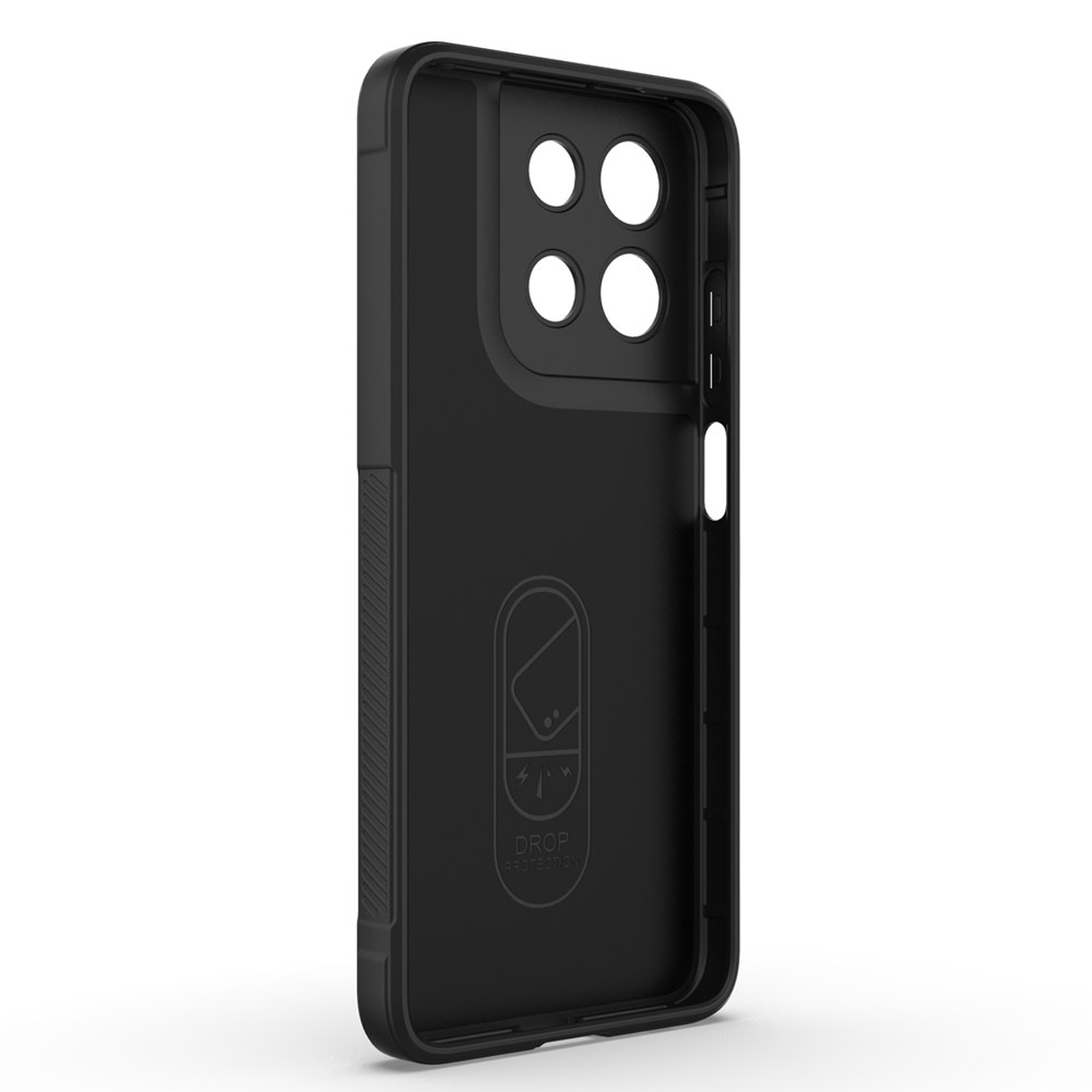 Coque de téléphone noire avec découpes pour caméras et boutons.