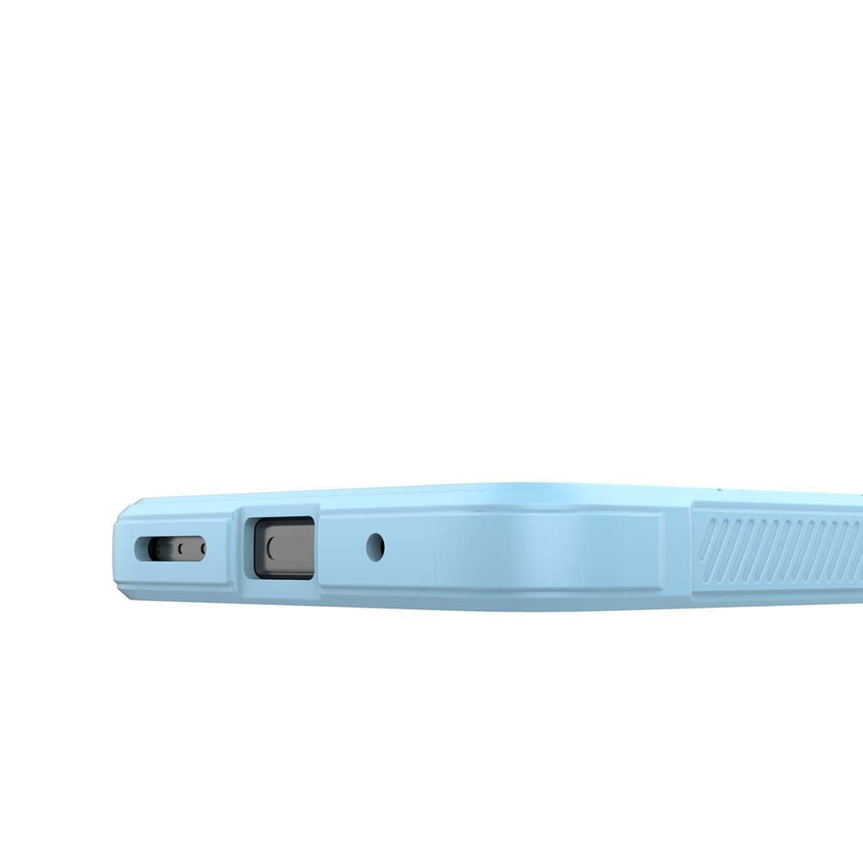 Une coque de téléphone bleu clair avec des découpes pour les ports.