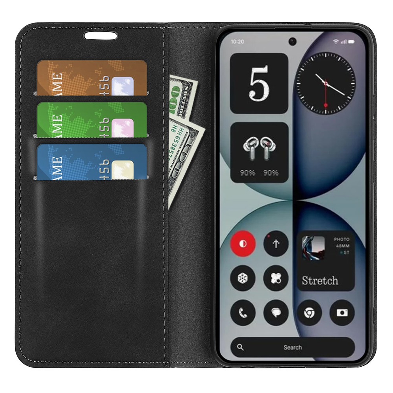 Étui de téléphone noir avec fentes pour cartes et argent. Smartphone avec widgets.
