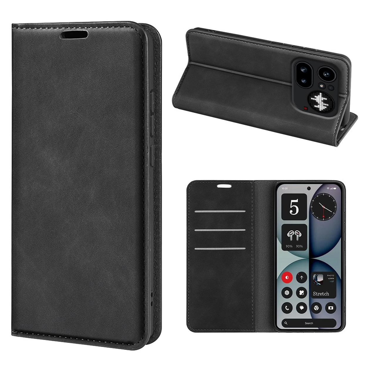 Étui de téléphone en cuir noir avec plusieurs vues : fermé, ouvert et téléphone dedans.