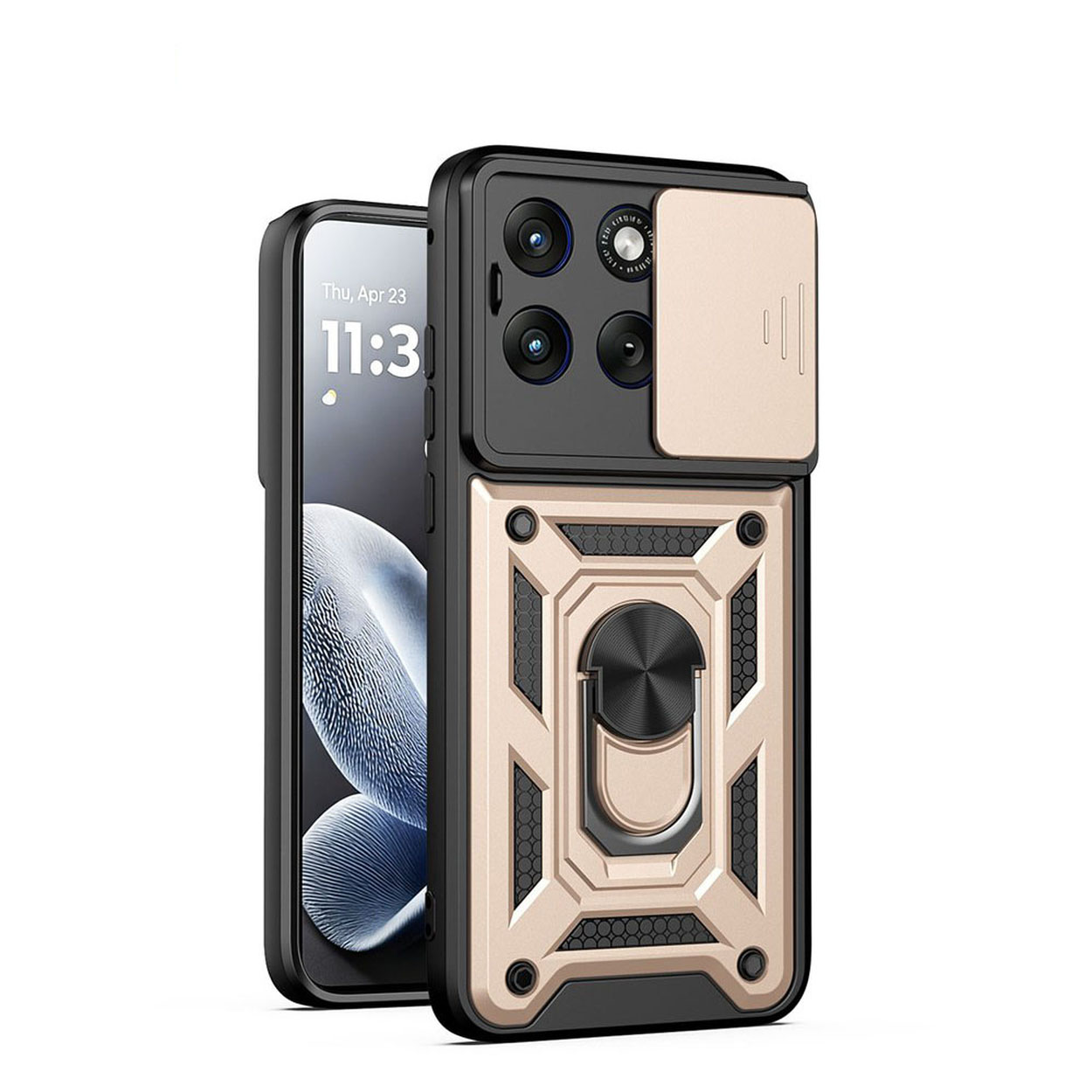 Zwarte en gouden telefoonhoes met cameralensdeksel en ringstandaard.