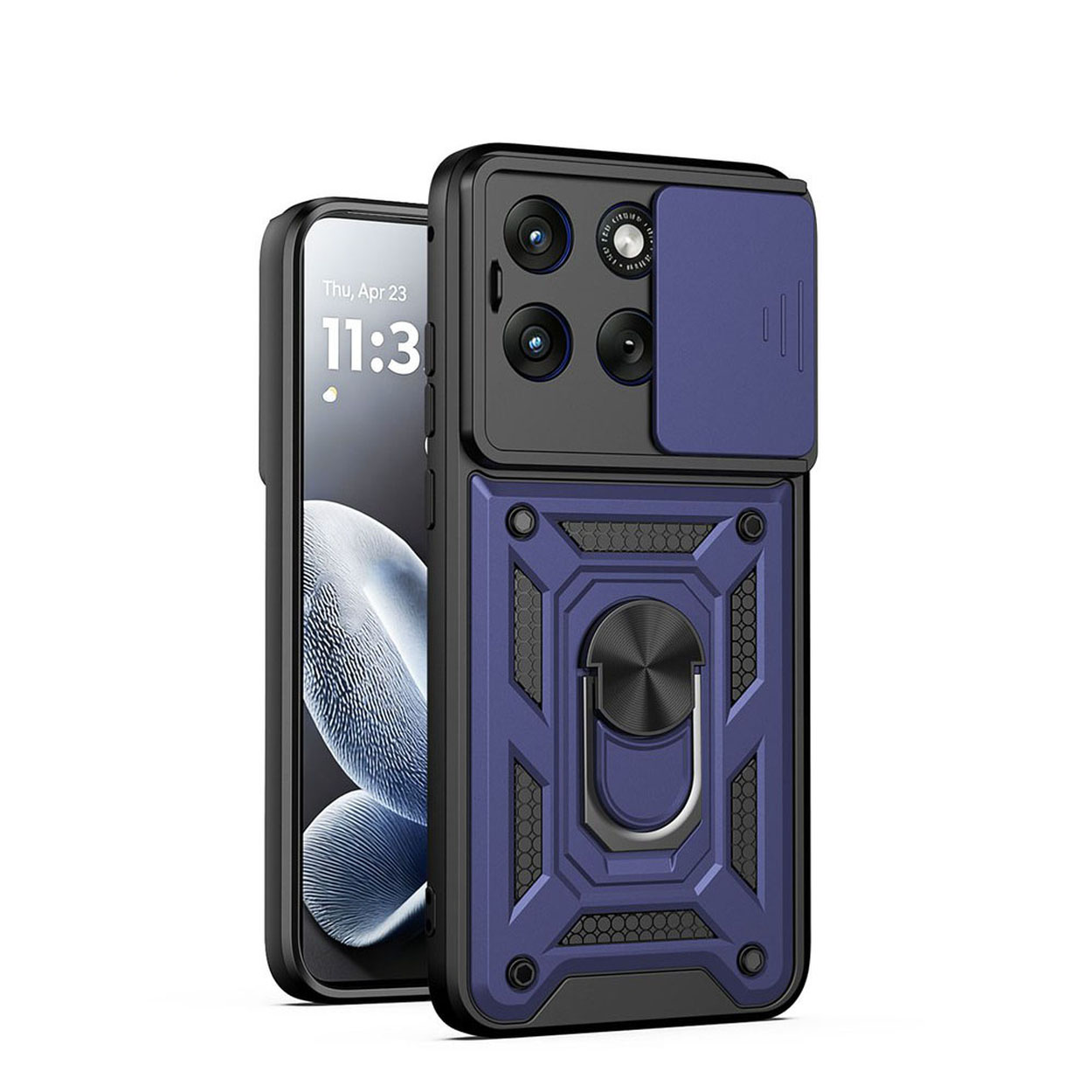 Een blauwe telefoonhoes met cameralensdeksel en ringhouder op een smartphone.