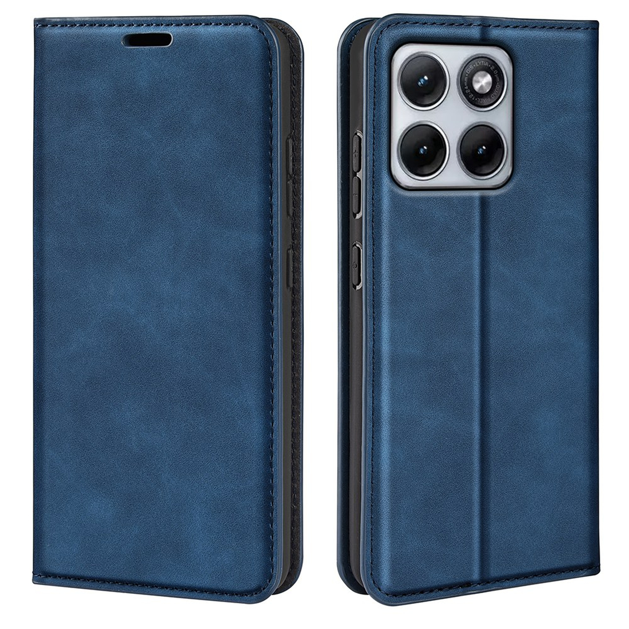 Blauw leren telefoonhoesje, één gesloten, één open met camera.