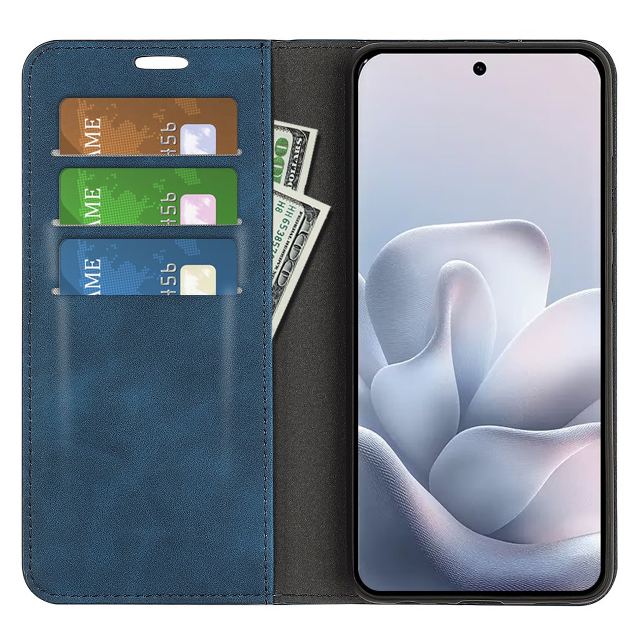 Een blauwe portemonneehoes met drie kaartsleuven en bankbiljetten naast een smartphone.