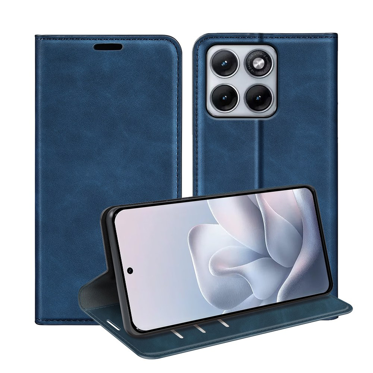 Een blauwe telefoon flipcase met de standaard open, die een smartphone toont.
