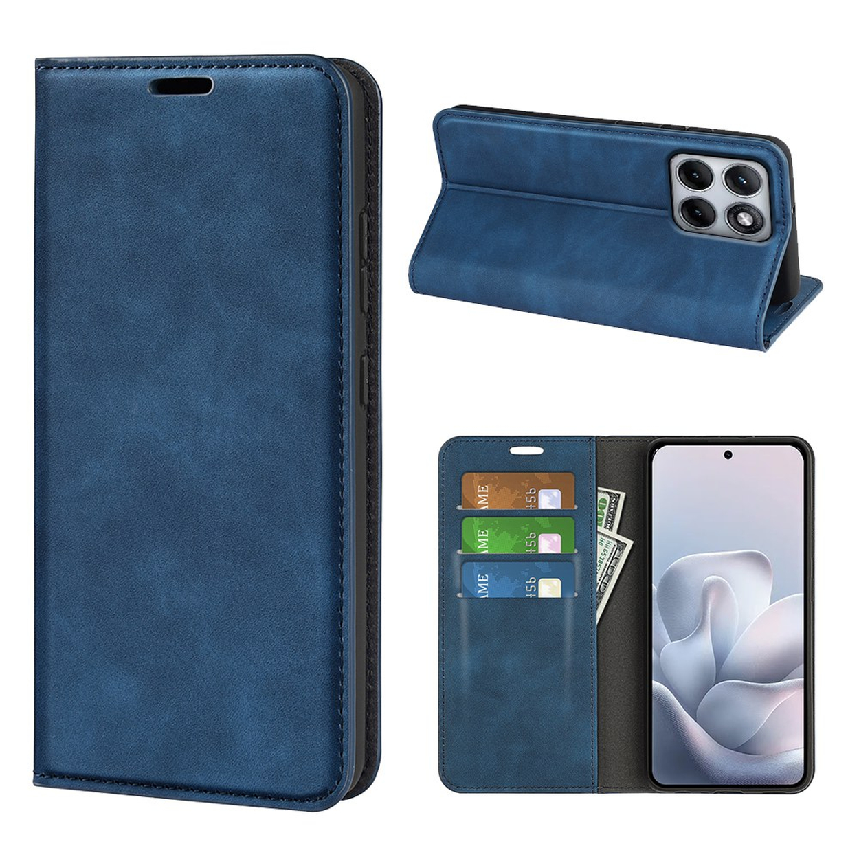 Blauw telefoonhoesje met kaartsleuven en standaardfunctie.