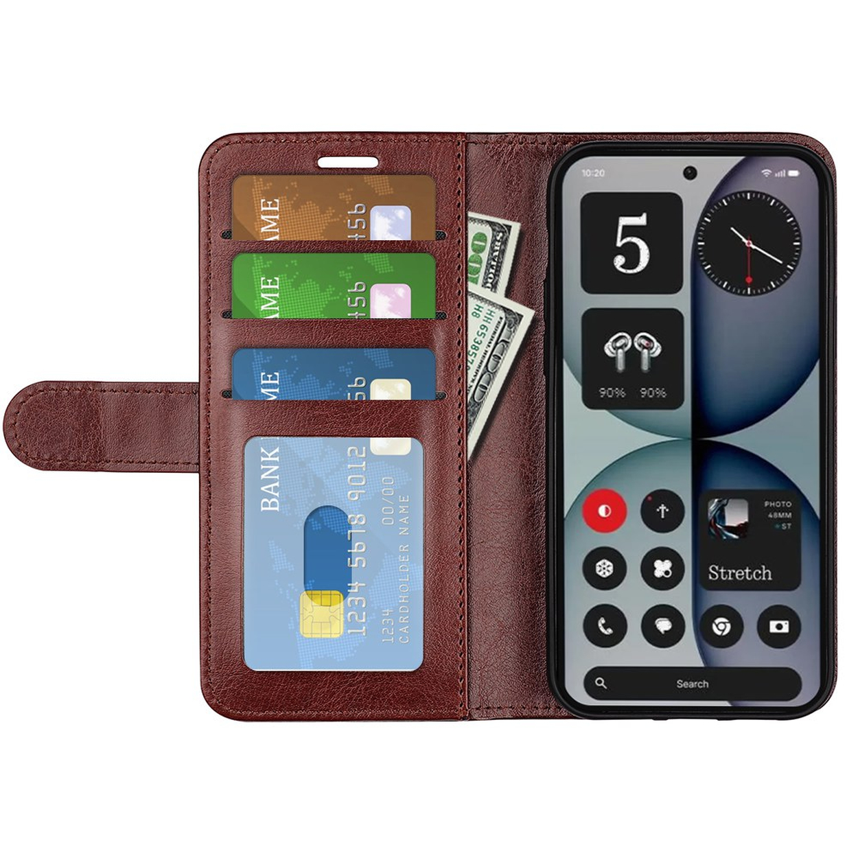 Bruine portemonnee met smartphone, creditcards en bankbiljetten.