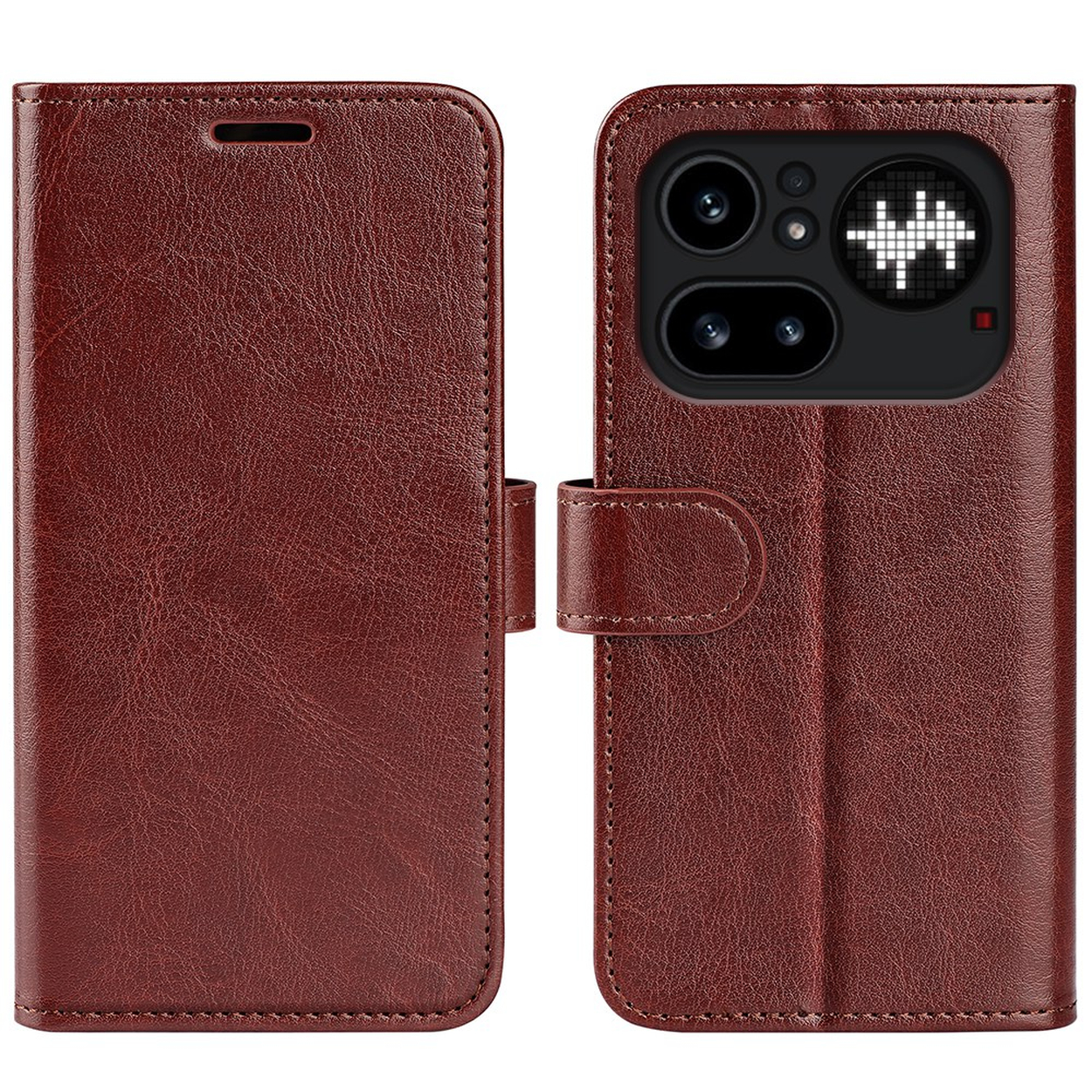 Bruine leren flip telefoonhoes met camera-uitsparing en sluiting. Open weergave.