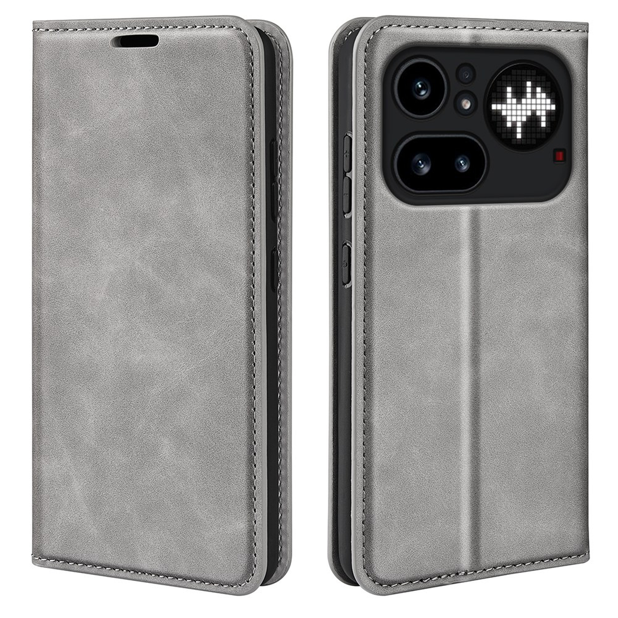 Étui de téléphone à rabat gris ouvert, montrant le module caméra et le flash.
