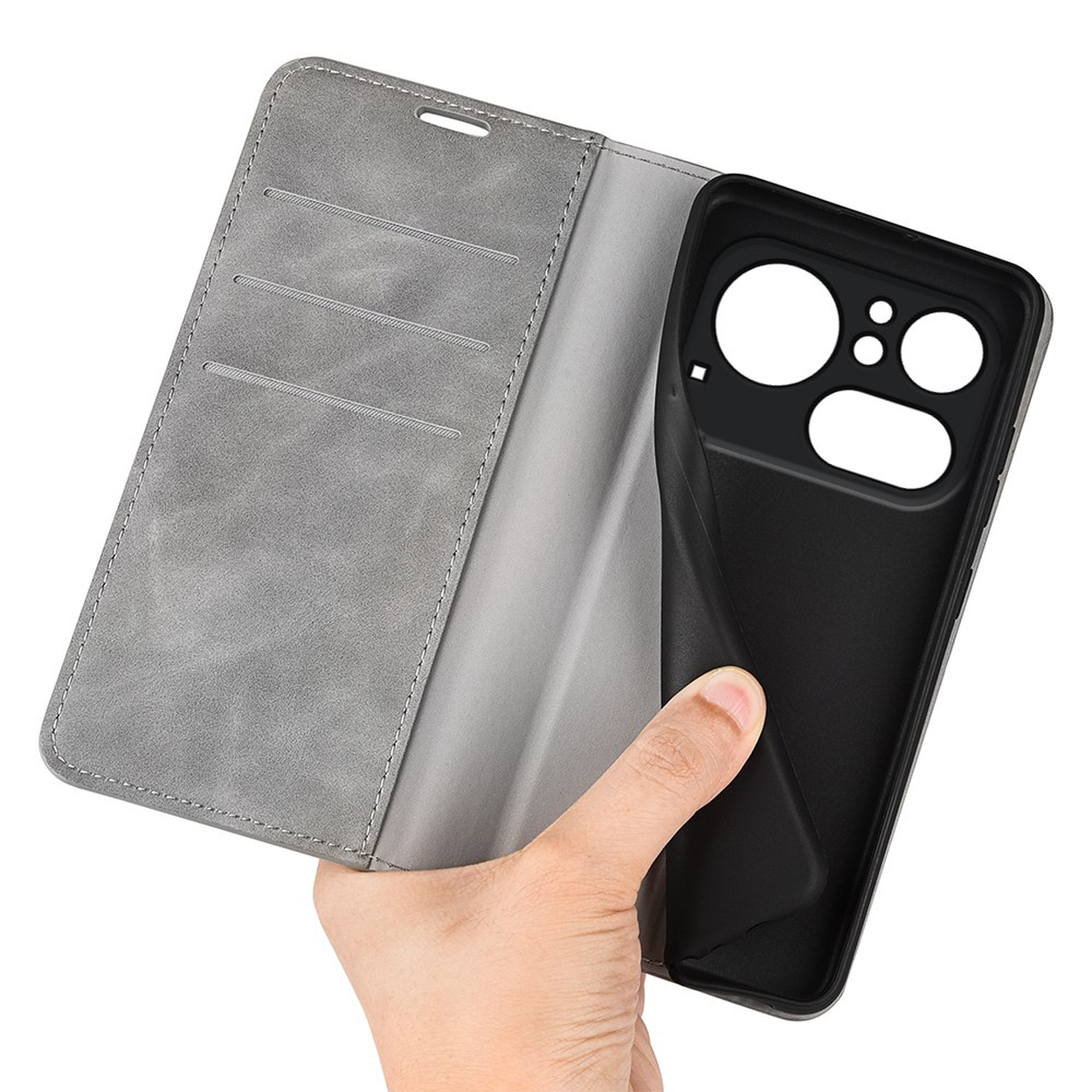 Un étui de téléphone à rabat gris avec des fentes pour cartes et un support noir.