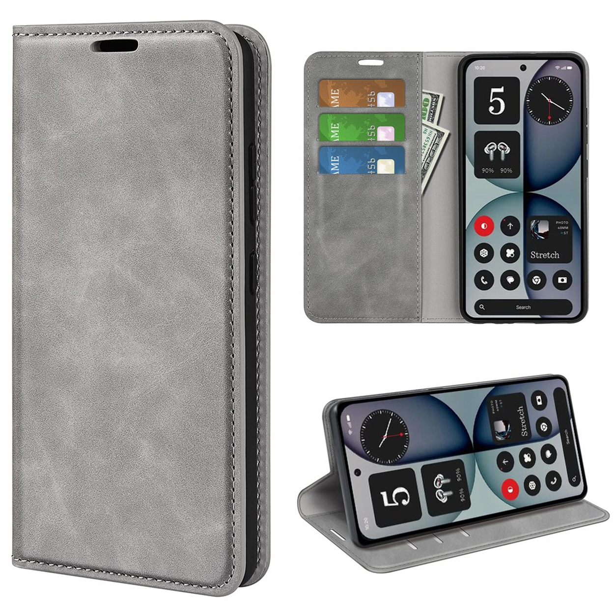Coque de téléphone grise avec fentes pour cartes et poche à billets, montrée ouverte et fermée.