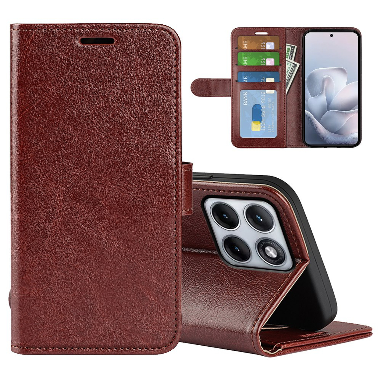 Étui portefeuille en cuir marron pour téléphone. Contient cartes et argent.