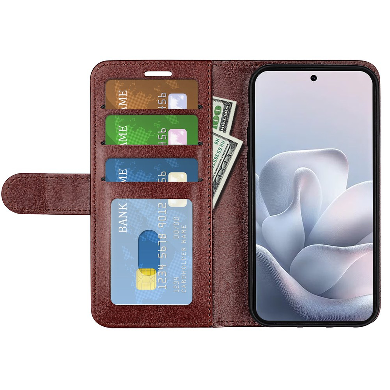 Portefeuille en cuir marron avec cartes de crédit, argent et téléphone. Fond d'écran floral blanc.