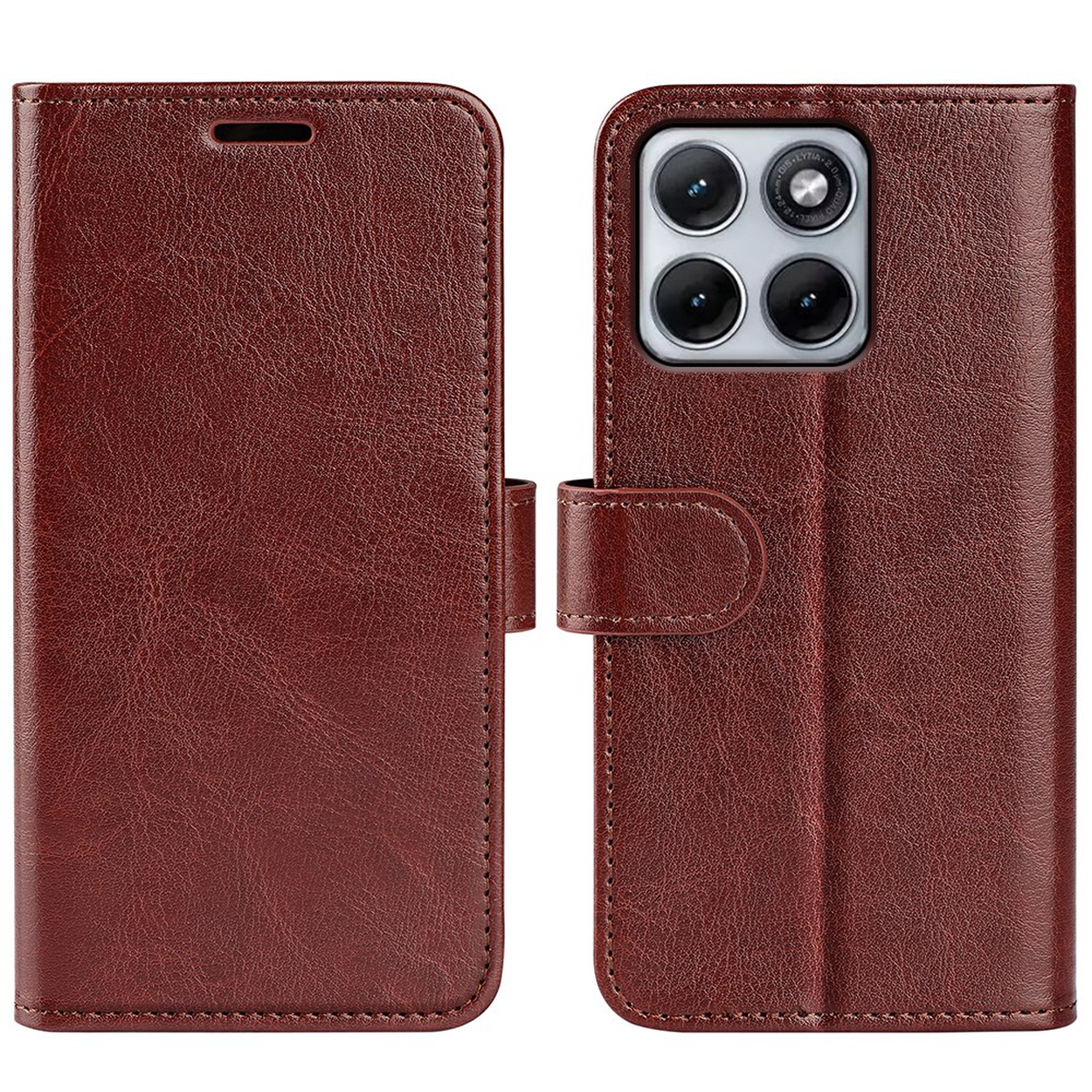 Coque de téléphone en cuir marron avec quatre caméras arrière.