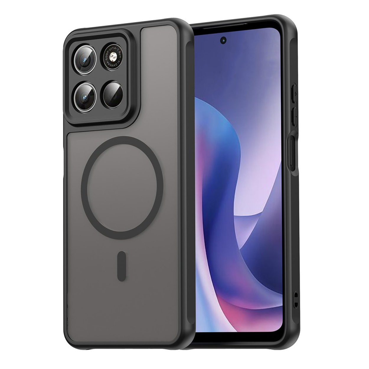 Een zwarte telefoonhoes met cameraprojectie en een cirkelvormige magneet wordt naast een smartphone getoond.