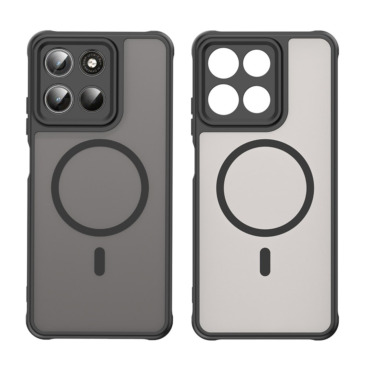 Twee telefoonhoesjes: een donkergrijs, een lichtgrijs, beide met camera-uitsparing en magneetring.