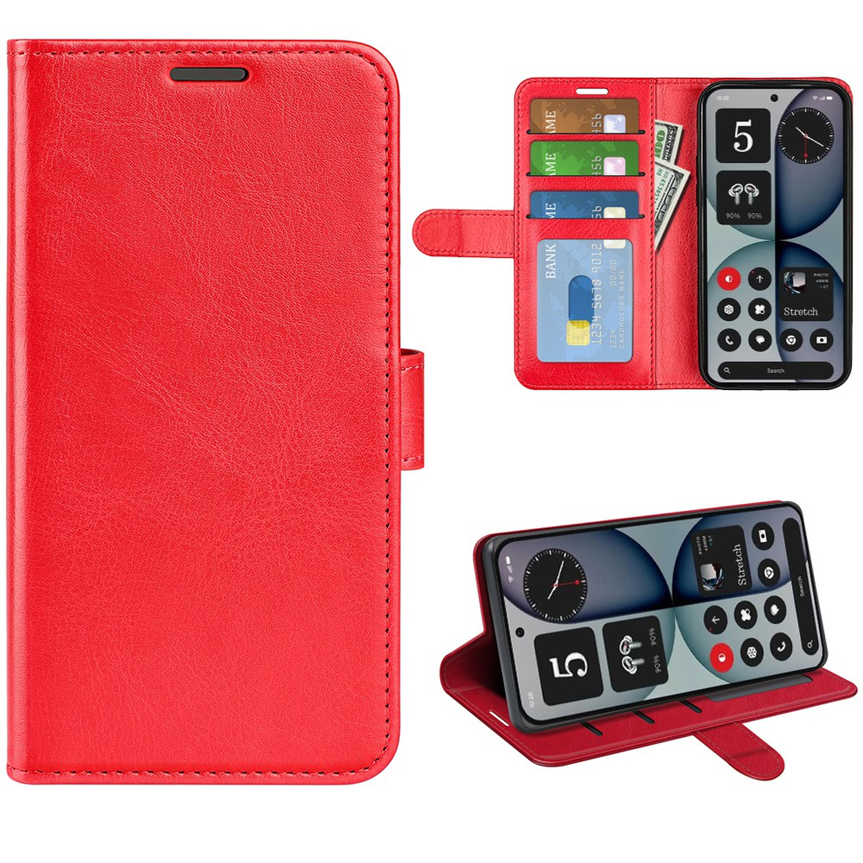 Rode leren telefoonhoes met kaartsleuven en een smartphone erin.