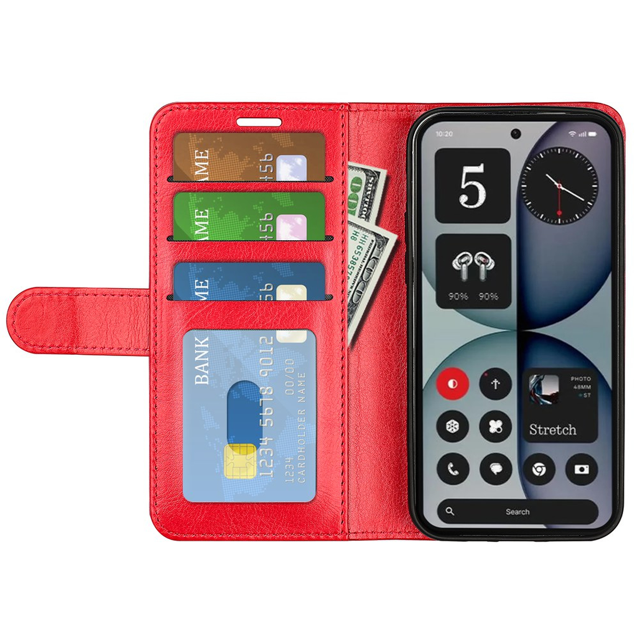 Rode telefoonhoes met kaarthouders, bankbiljetten en smartphone.