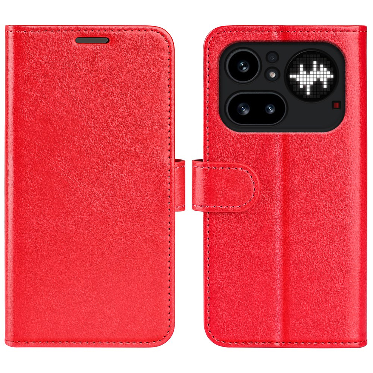 Rode flip telefoonhoes met cameragat en bandje.