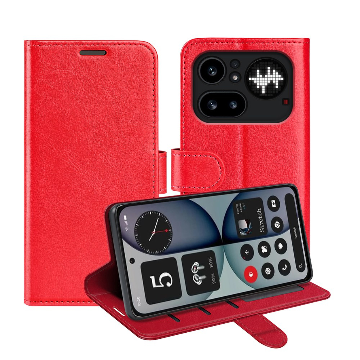 Een rode flipcase voor mobiele telefoon met een smartphone erop.