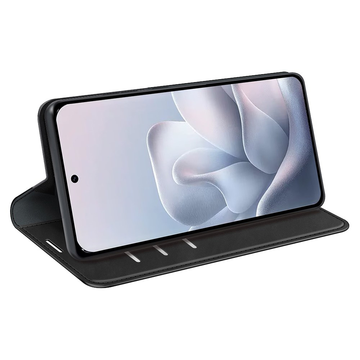 Zwarte flipcase voor smartphone met lichte achtergrondafbeelding.