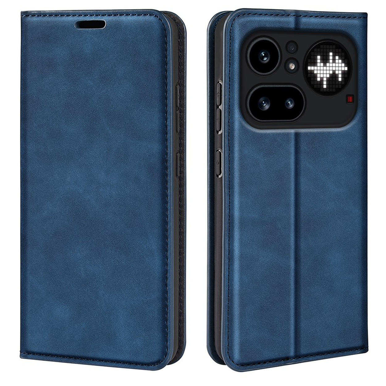 Étui de téléphone en cuir bleu, vues avant et arrière. L'arrière montre la caméra et un petit écran.
