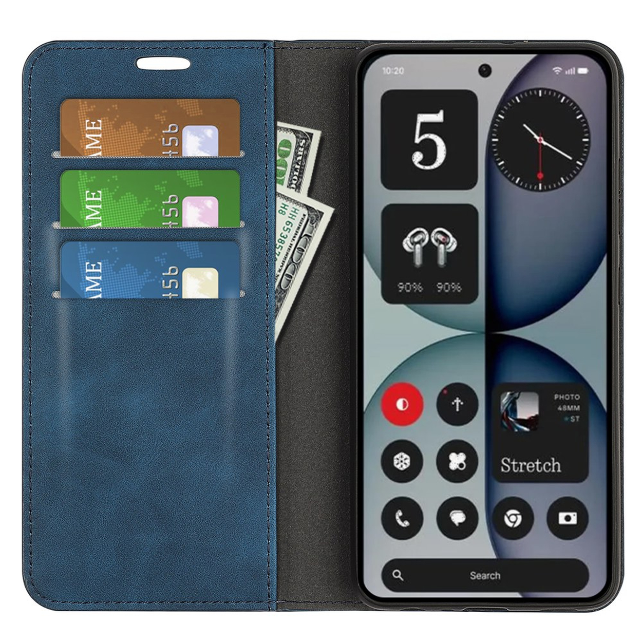 Étui portefeuille bleu avec cartes et argent. Le téléphone affiche des applications et une horloge.