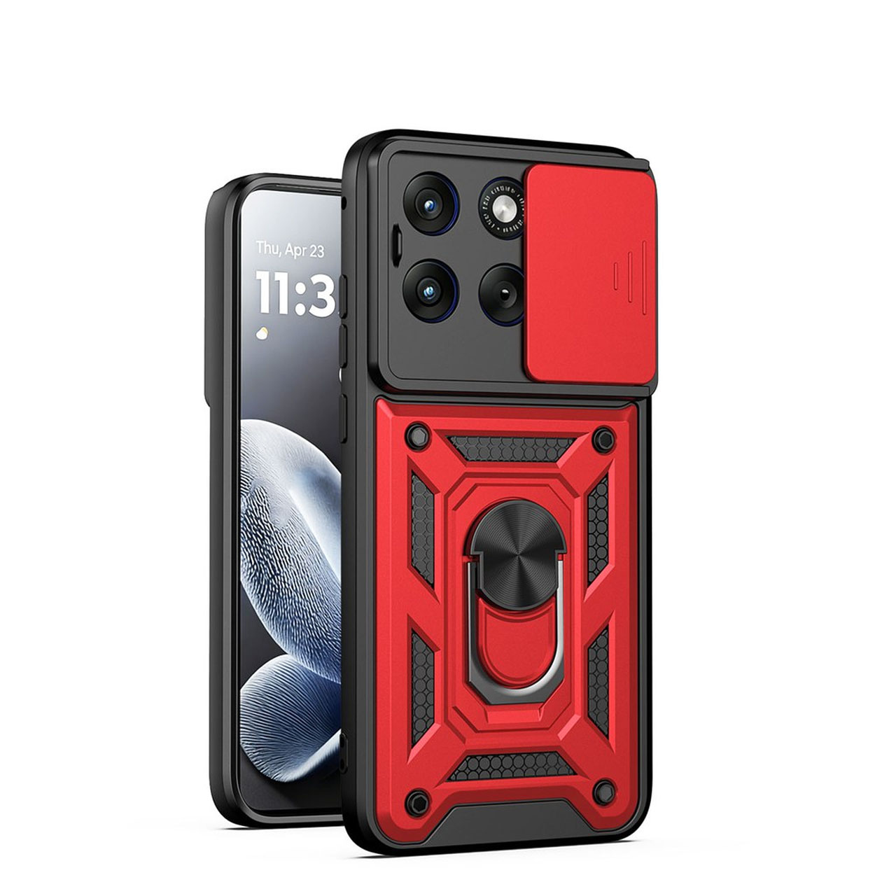 Une coque de téléphone rouge et noire avec cache caméra et anneau.