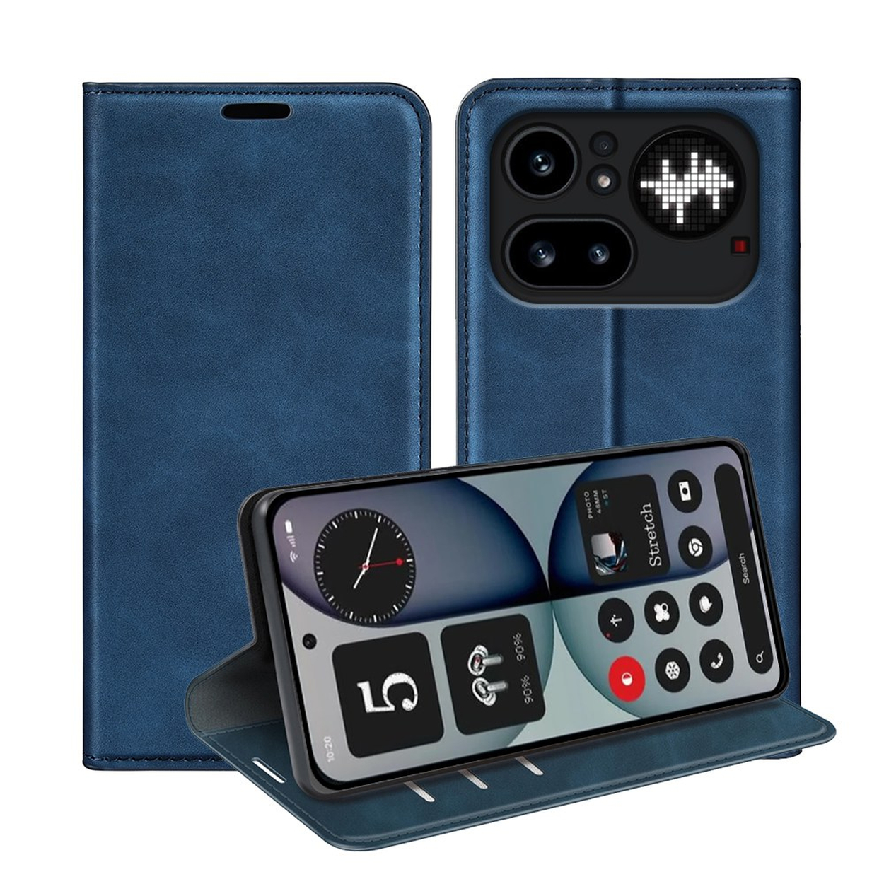 Un étui bleu à rabat pour téléphone avec un smartphone affichant une horloge et des icônes d'applications.