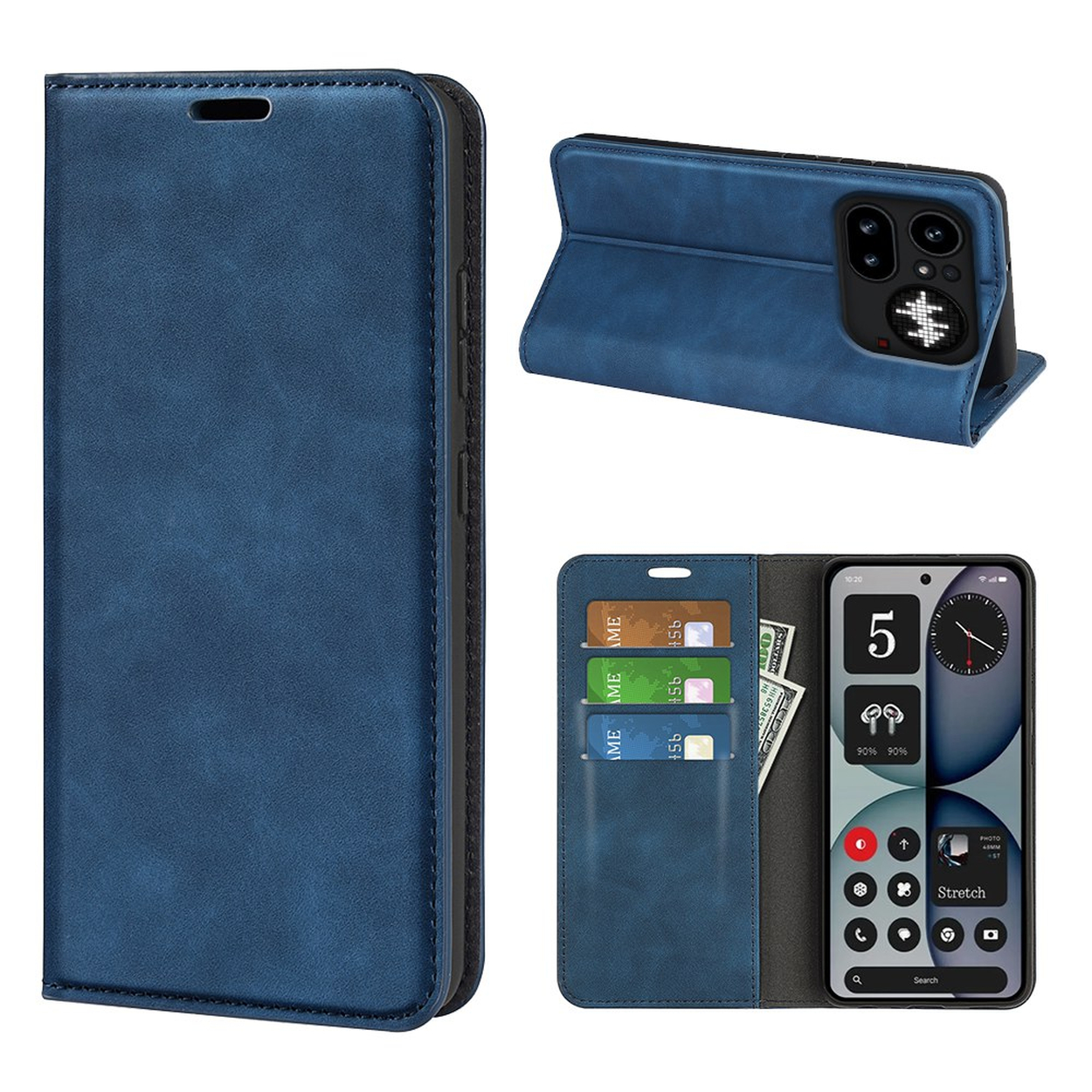 Étui de téléphone bleu avec fentes pour cartes et billets, à côté d'un téléphone.