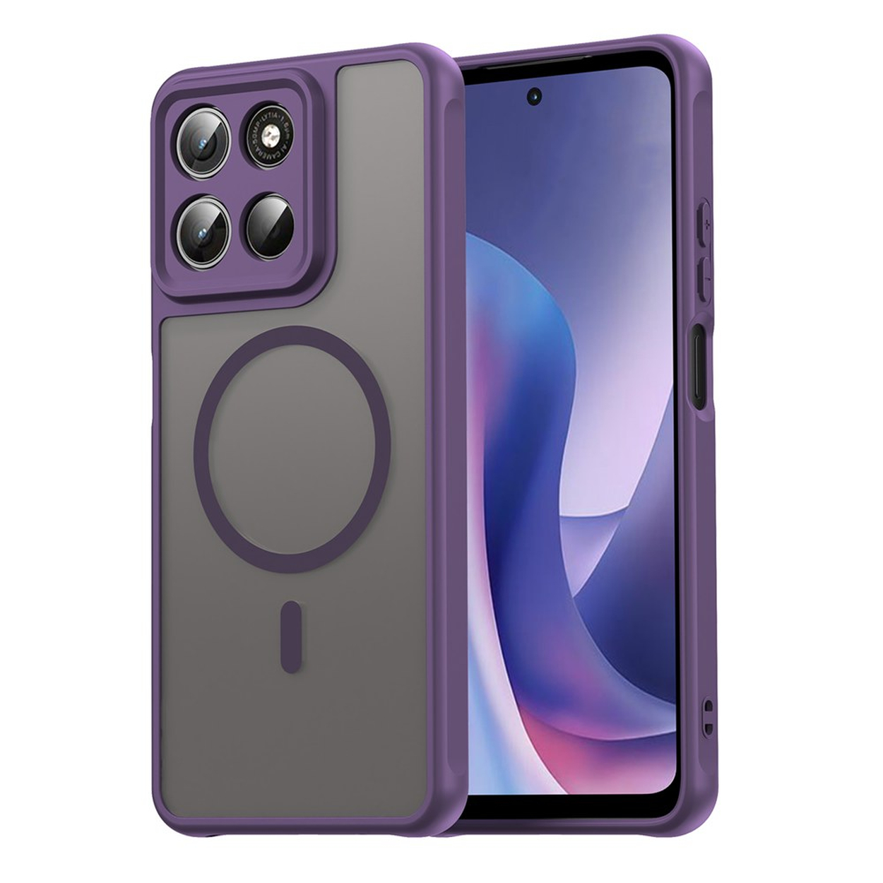 Paarse telefoonhoes met doorschijnende achterkant en cameramodule.