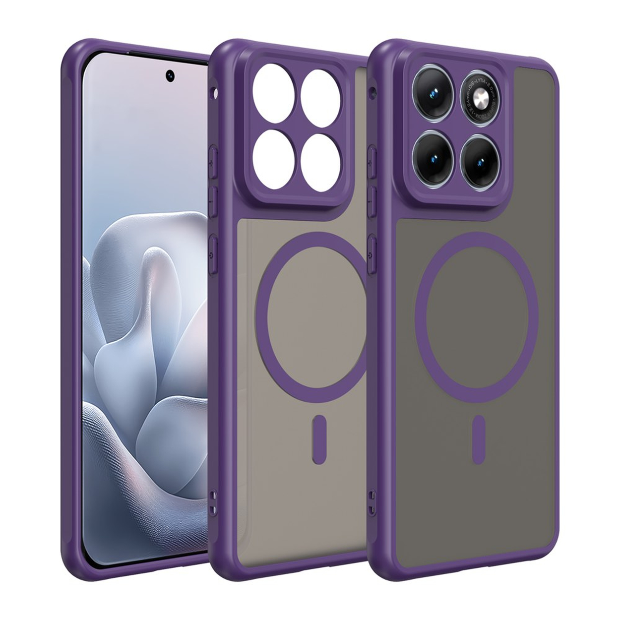 Twee paarse telefoonhoesjes naast elkaar, één met camerabescherming.