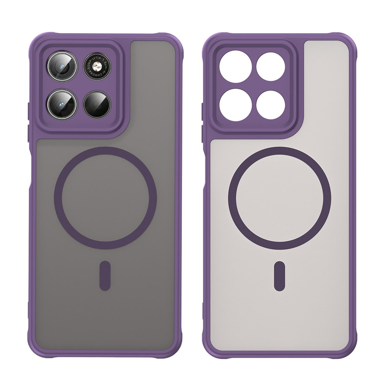 Twee paarse telefoonhoesjes met doorschijnende achterkant en camera-gedeelte.