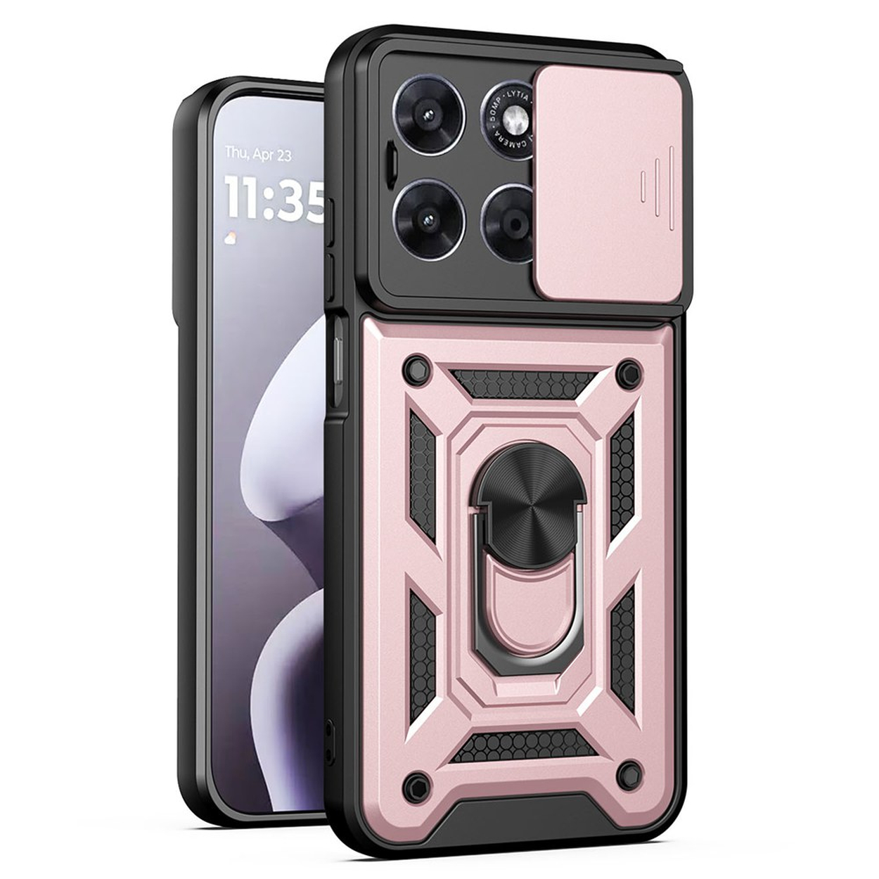 Roségouden telefoonhoes met cameralensafdekking en ringstandaard. Zwarte accenten.