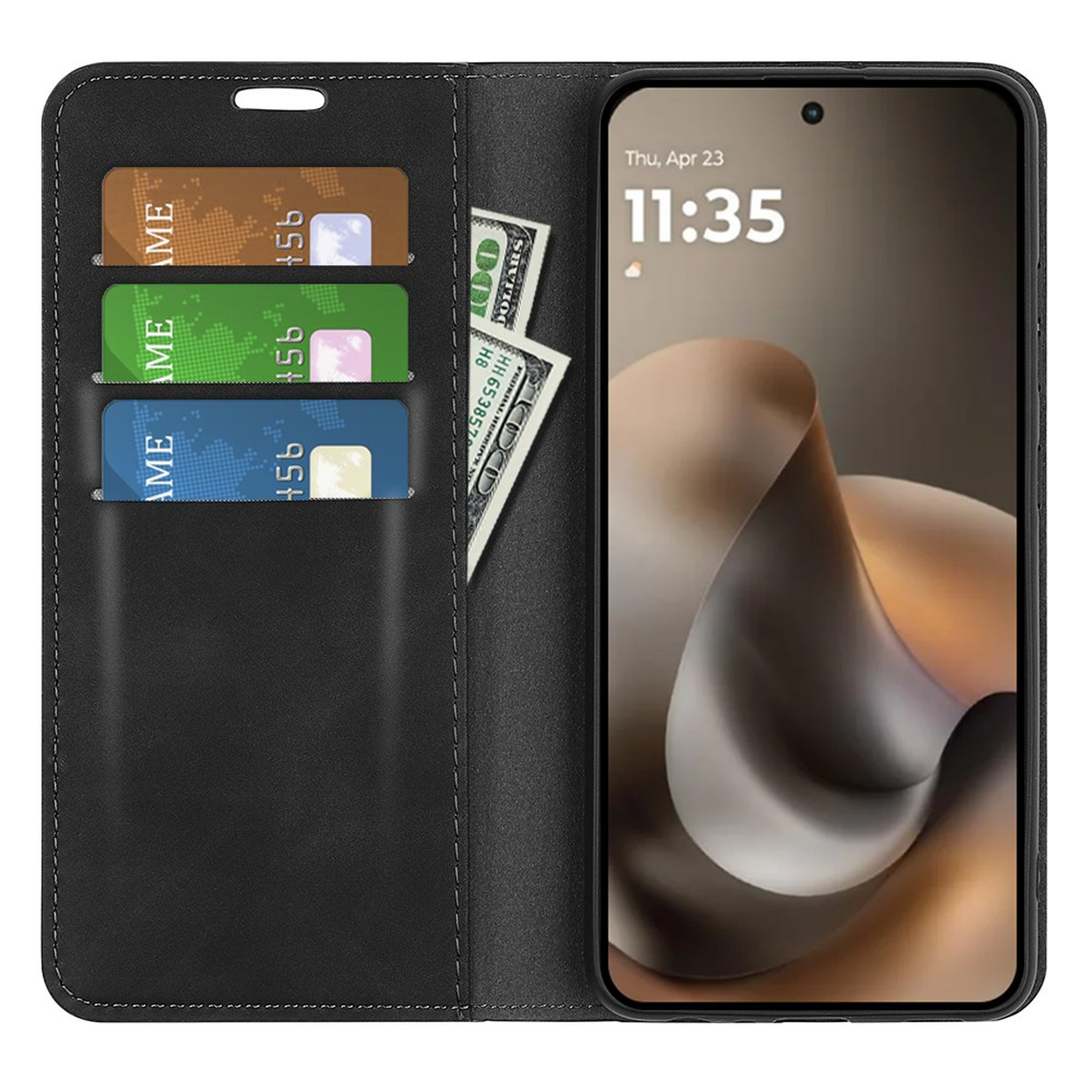 Zwarte telefoonhoes met drie kaartsleuven en bankbiljetten. De smartphone toont 11:35.