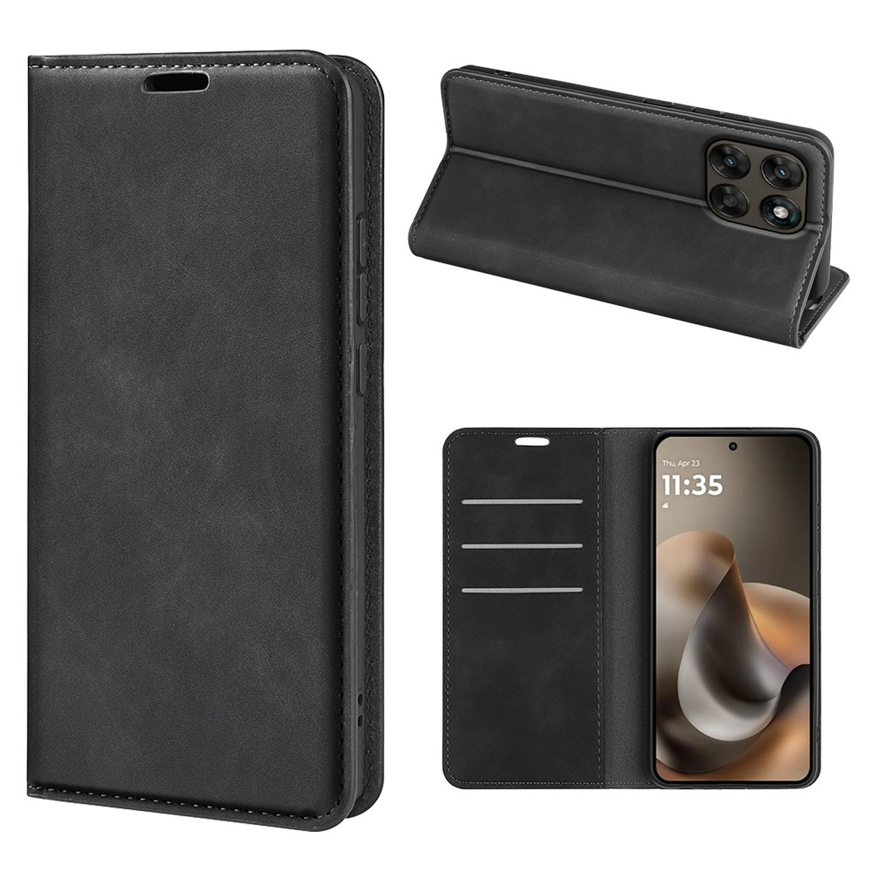 Zwarte flip telefoonhoes met camerazicht en open scherm.