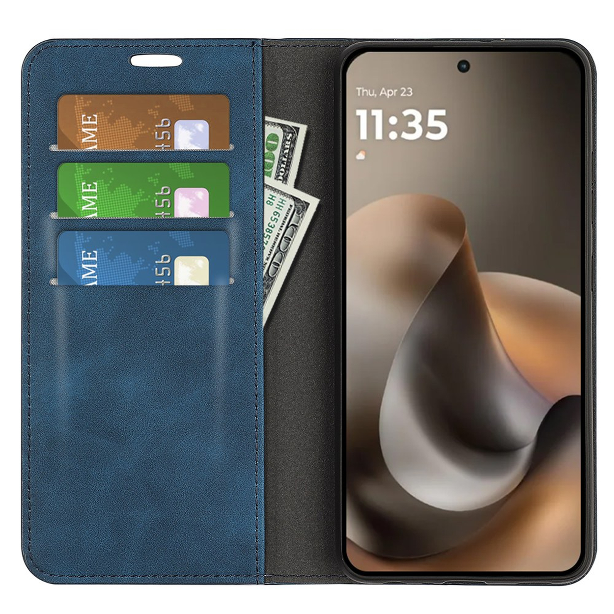 Blauw telefoonhoesje met kaarthouders en biljetten. Smartphone toont tijd: 11:35.