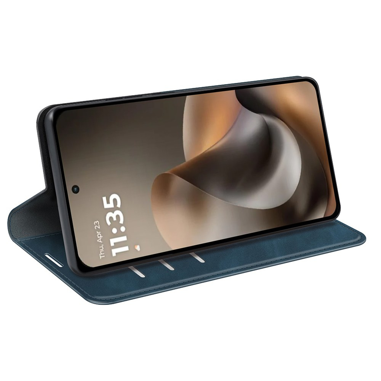 Een donkerblauwe telefoonhoes bevat een smartphone met de tijd 11:35 en datum do, 23 apr.