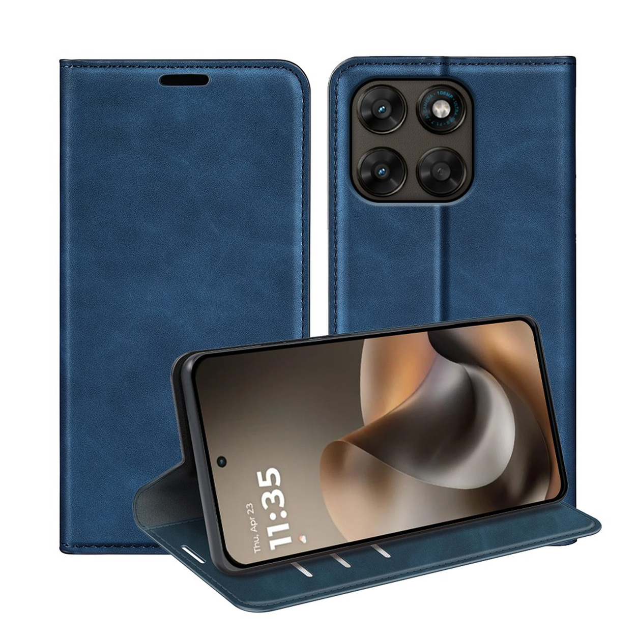 Blauw telefoonhoesje met vier camera's en open standaard met smartphone.