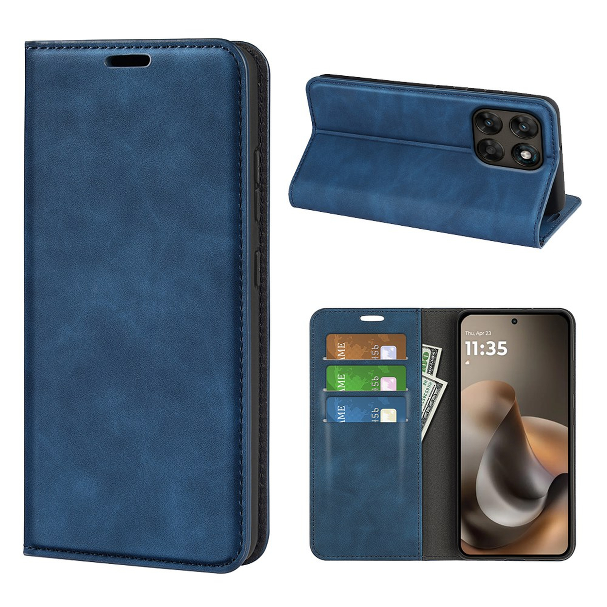 Blauw telefoonhoesje met kaartsleuven en opvouwbare standaardfunctie.