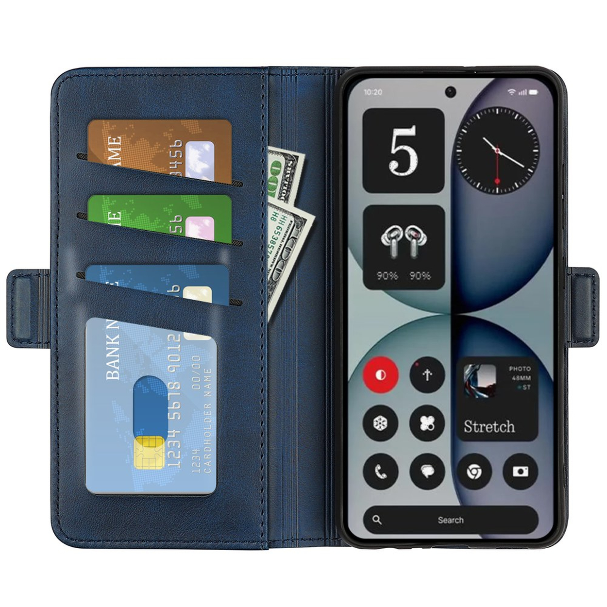 Een blauwe telefoonhoes met kaartsleuven, contant geld en een smartphone-scherm met widgets.
