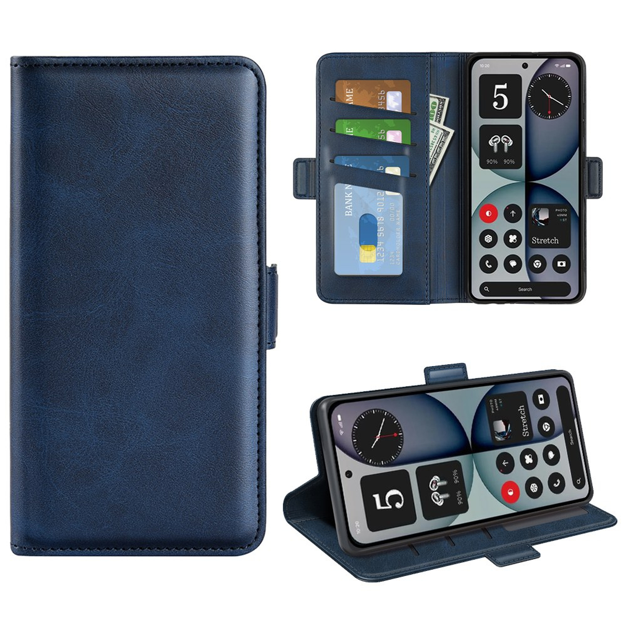 Donkerblauw lederen portemonneehoesje met kaartsleuven en smartphone.