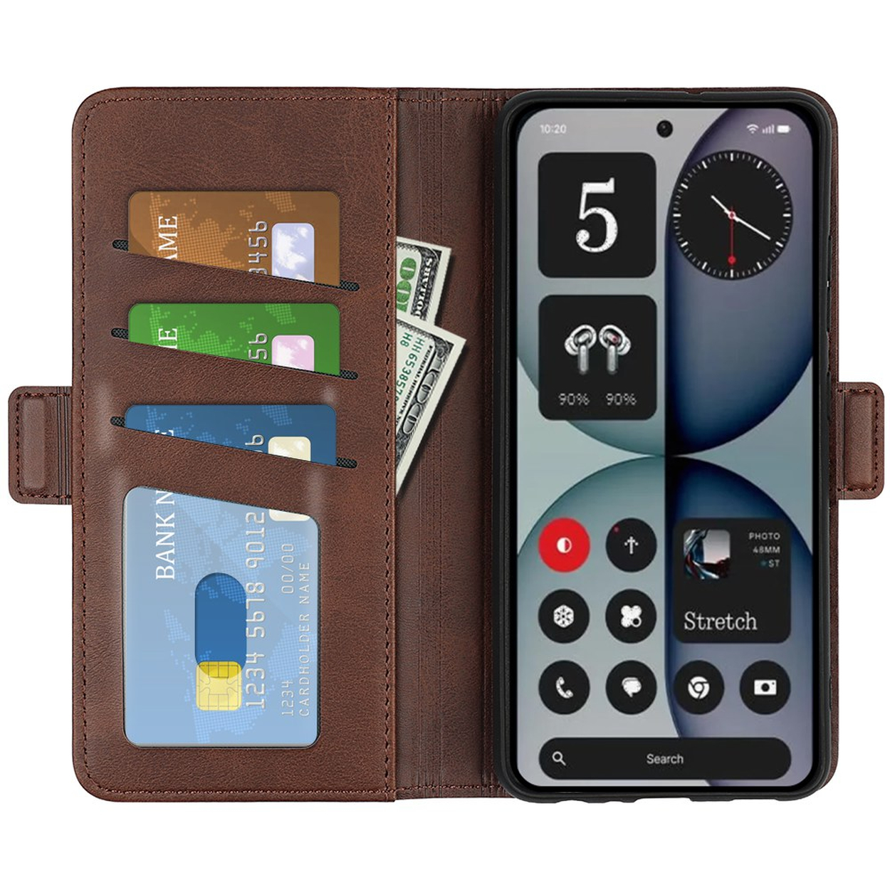Bruine portemonnee hoes met creditcards en contant geld. Telefoon toont apps en klok.