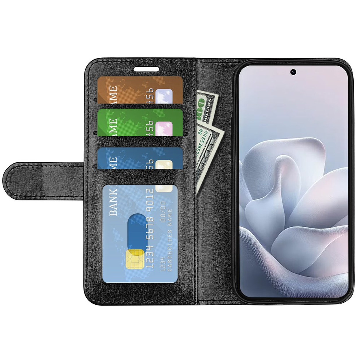 Étui portefeuille noir contenant des cartes de crédit, de l'argent et un smartphone.