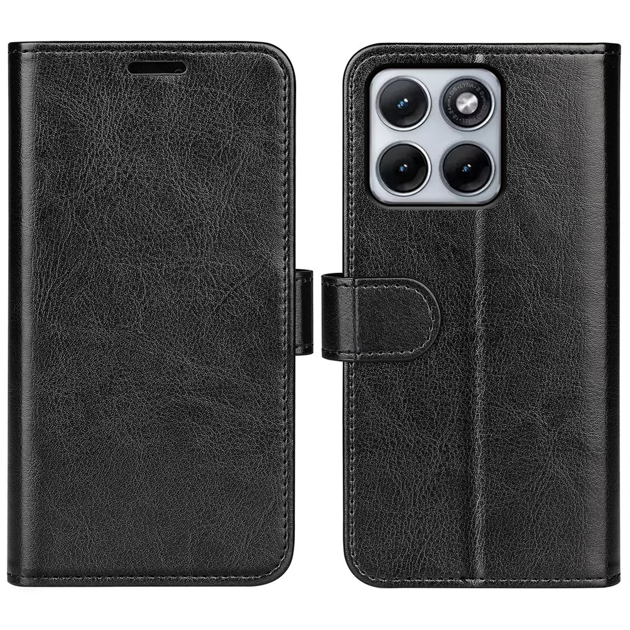 Étui de téléphone portefeuille en cuir noir avec ouverture pour appareil photo et fermoir magnétique.