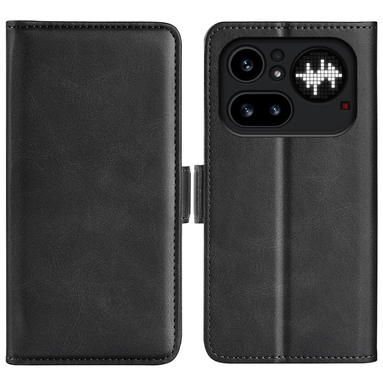 Zwarte leren flip telefoonhoes met open voorflap, camera lenzen zichtbaar.